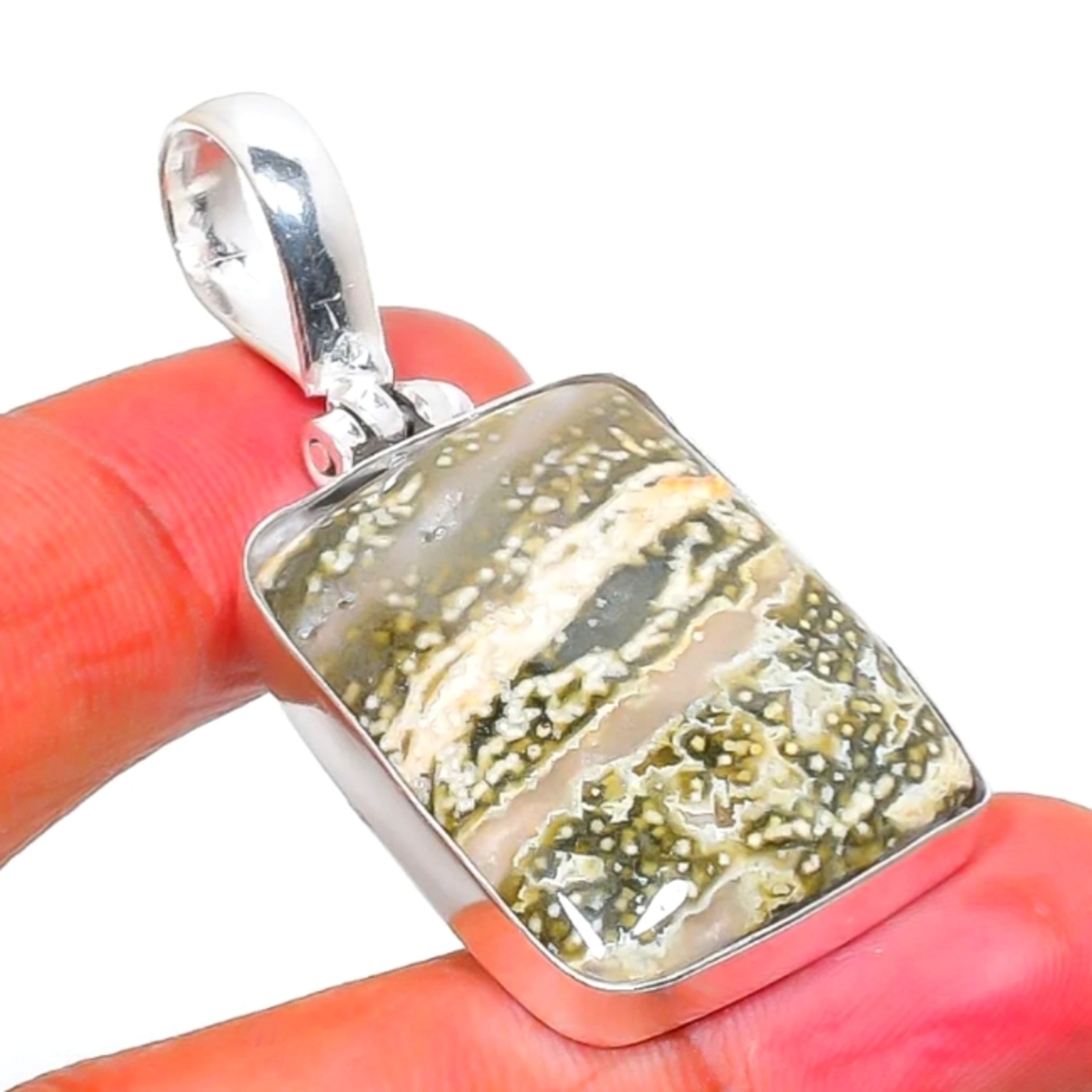 UNISEX STERLING SILVER OCEAN JASPER GEMSTONE PENDANT